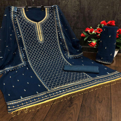 Festive Wear Aqua Blue Designer with Embroidery Work Faux Georgette Palazzo Suit
