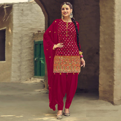 Festive Wear Dark Pink Sequins Embroidery Work Faux Georgette Patiala Suit
