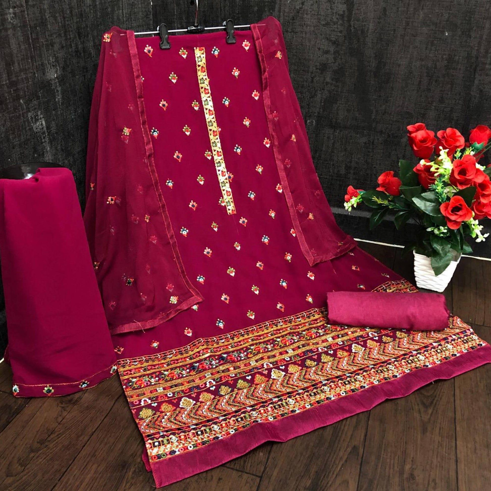Festive Wear Dark Pink Sequins Embroidery Work Faux Georgette Patiala Suit
