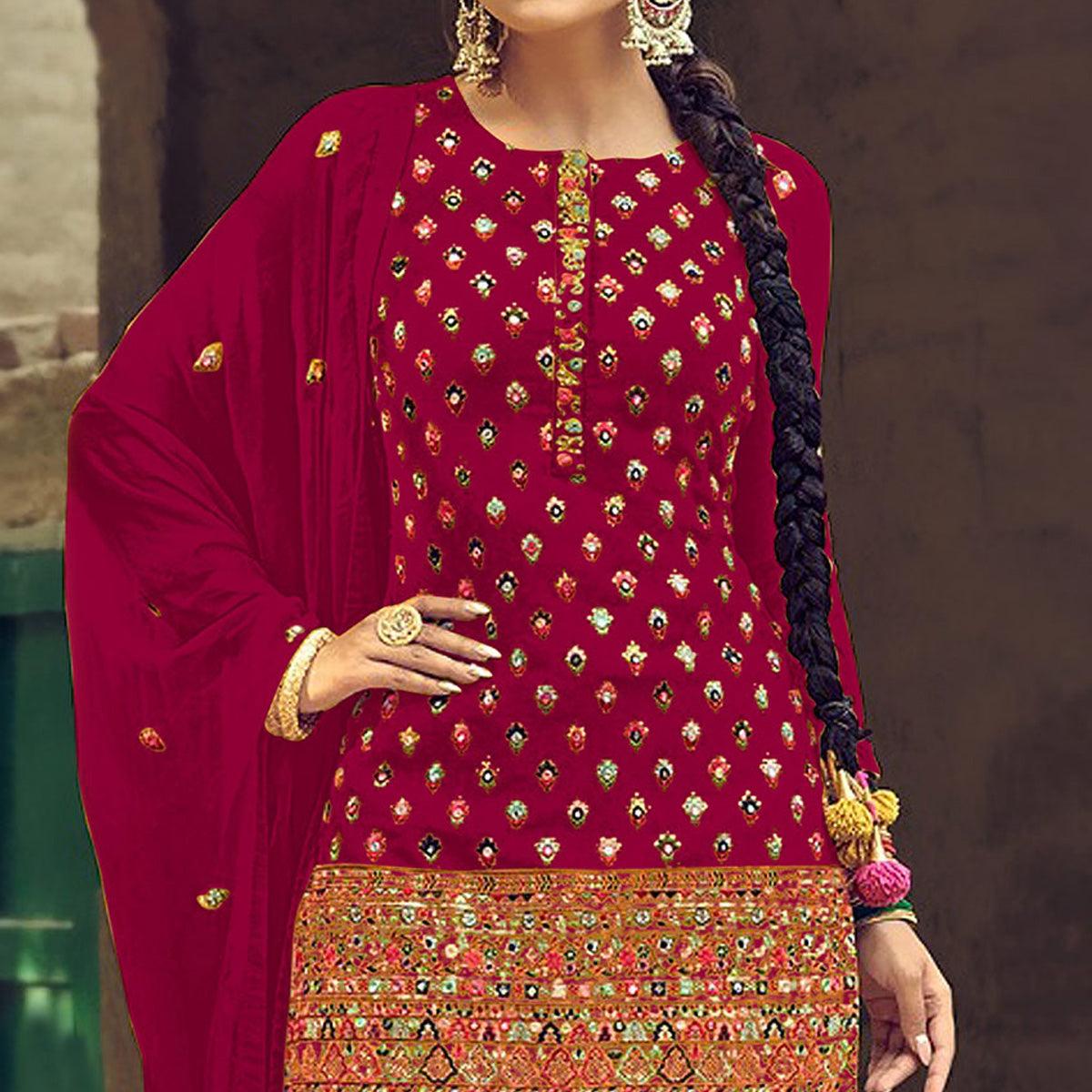Festive Wear Dark Pink Sequins Embroidery Work Faux Georgette Patiala Suit