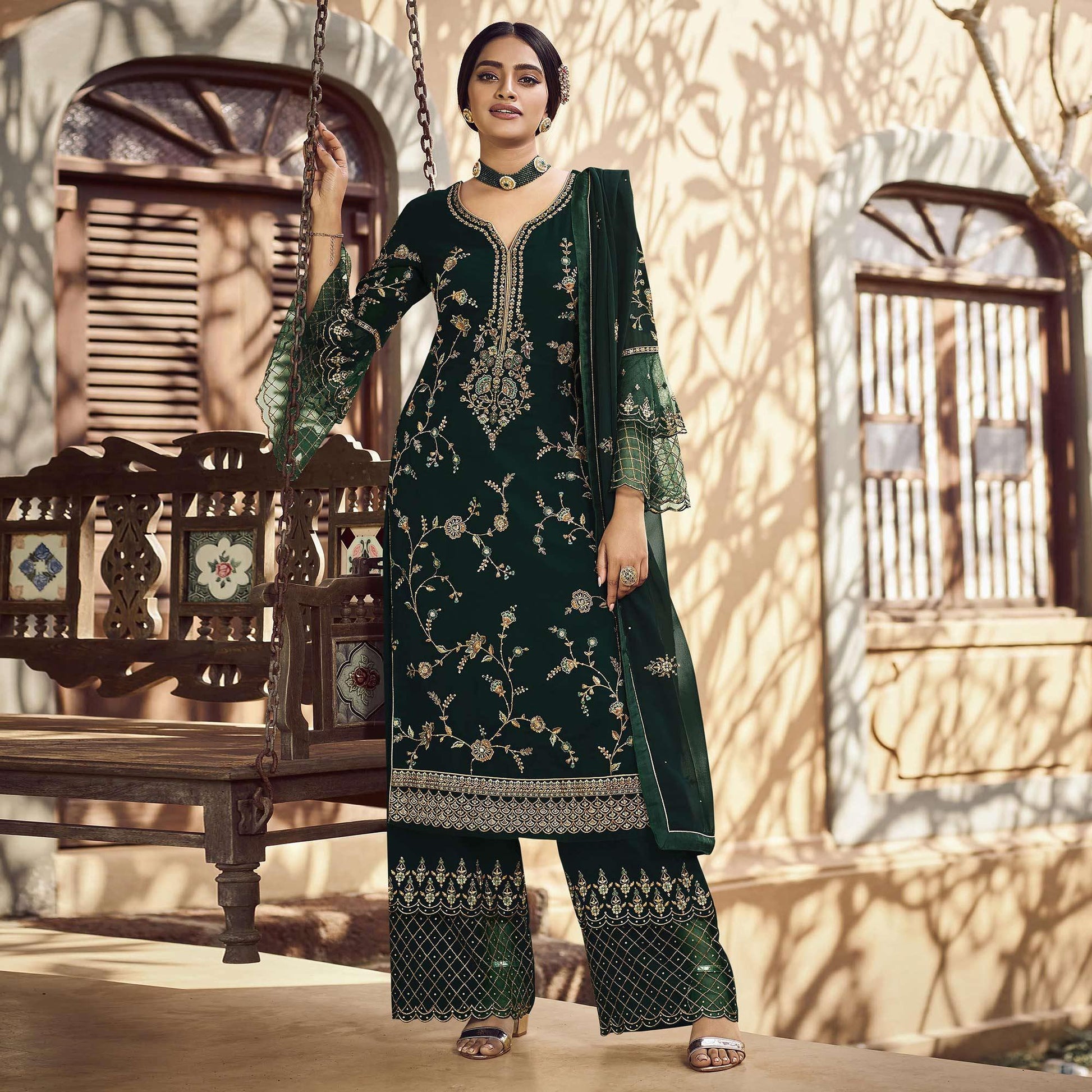 Festive Wear Green Floral Embroidery work Faux Georgette Straight Cut palazzo Suit