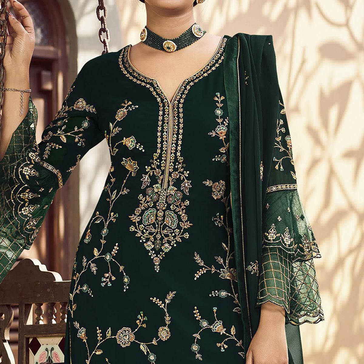 Festive Wear Green Floral Embroidery work Faux Georgette Straight Cut palazzo Suit