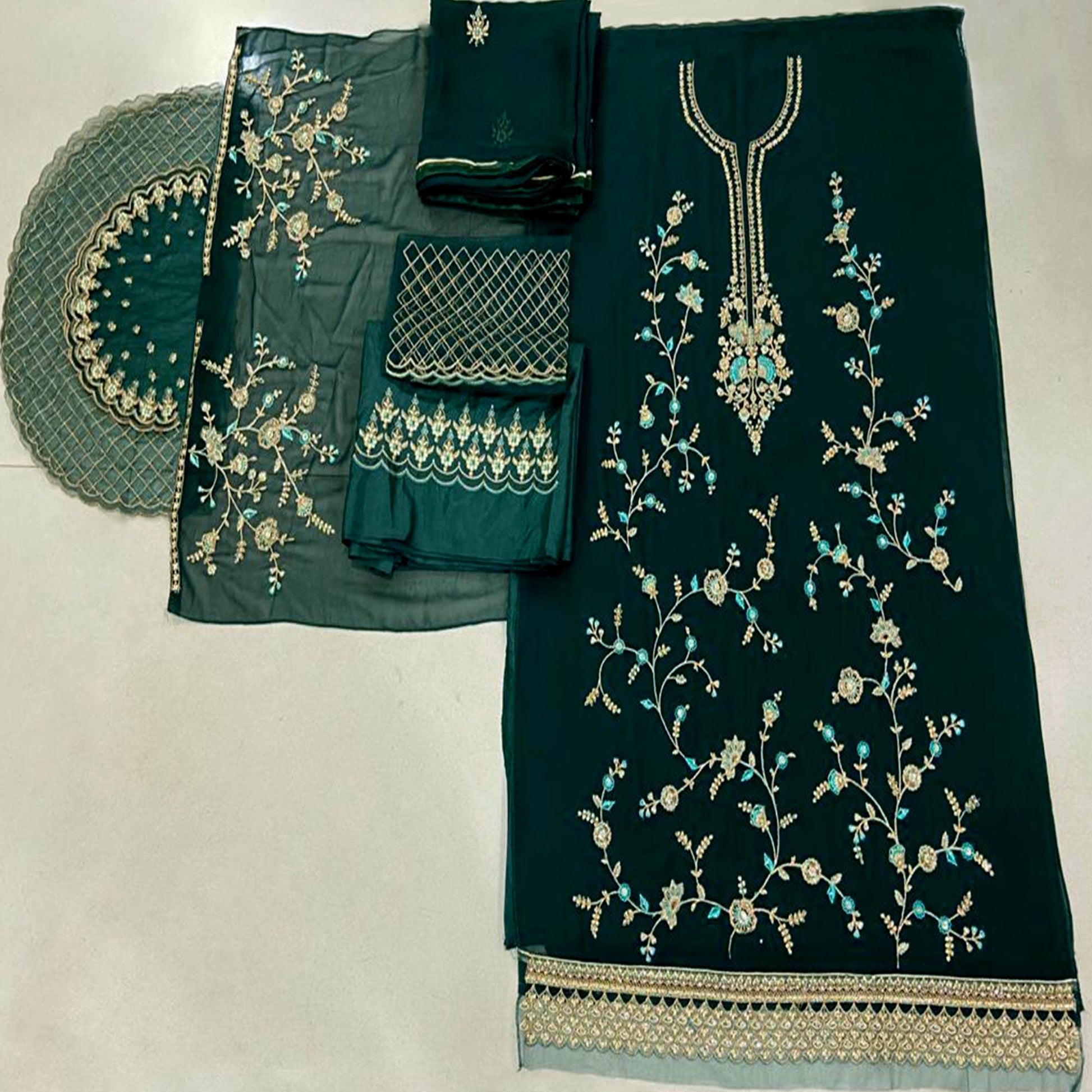 Festive Wear Green Floral Embroidery work Faux Georgette Straight Cut palazzo Suit