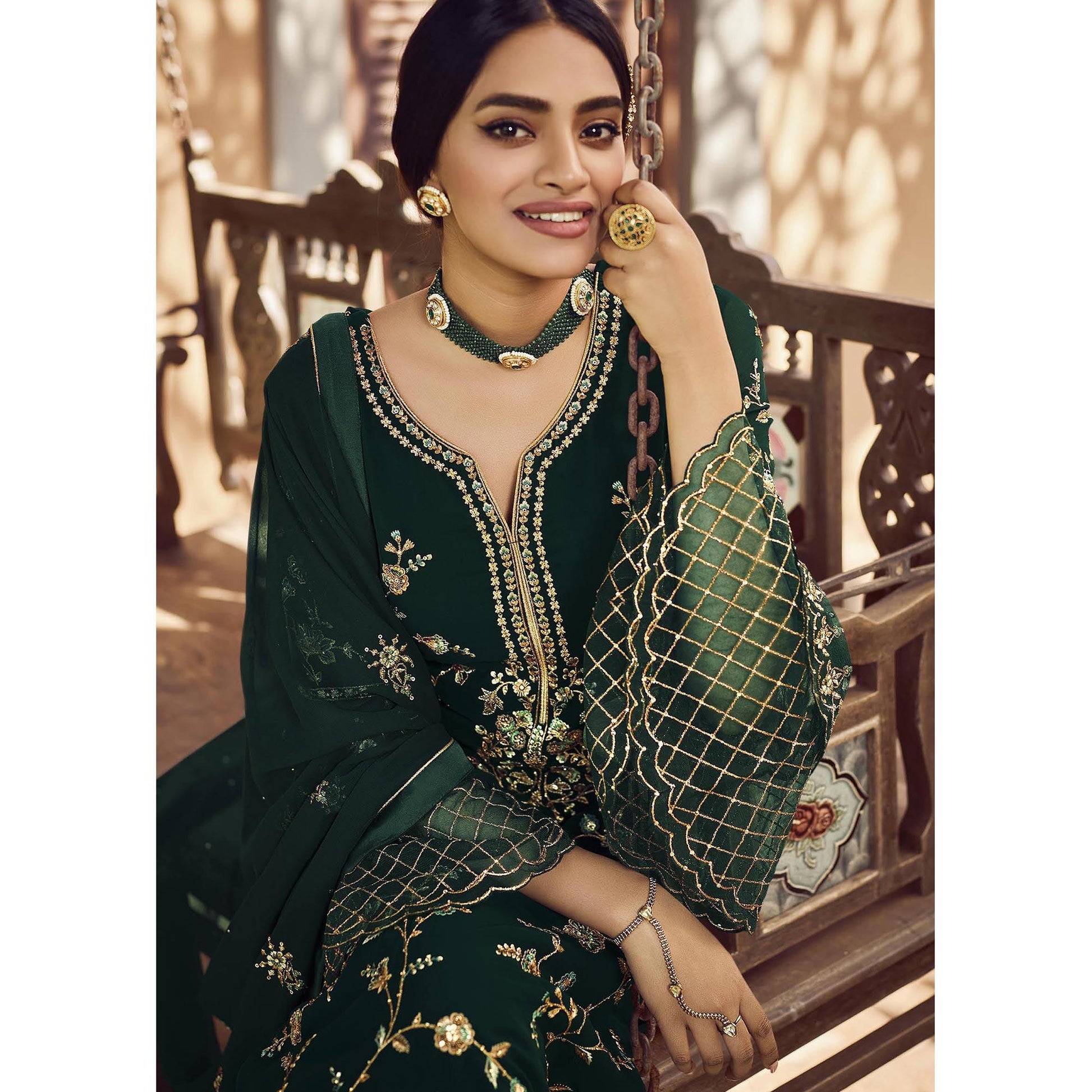 Festive Wear Green Floral Embroidery work Faux Georgette Straight Cut palazzo Suit
