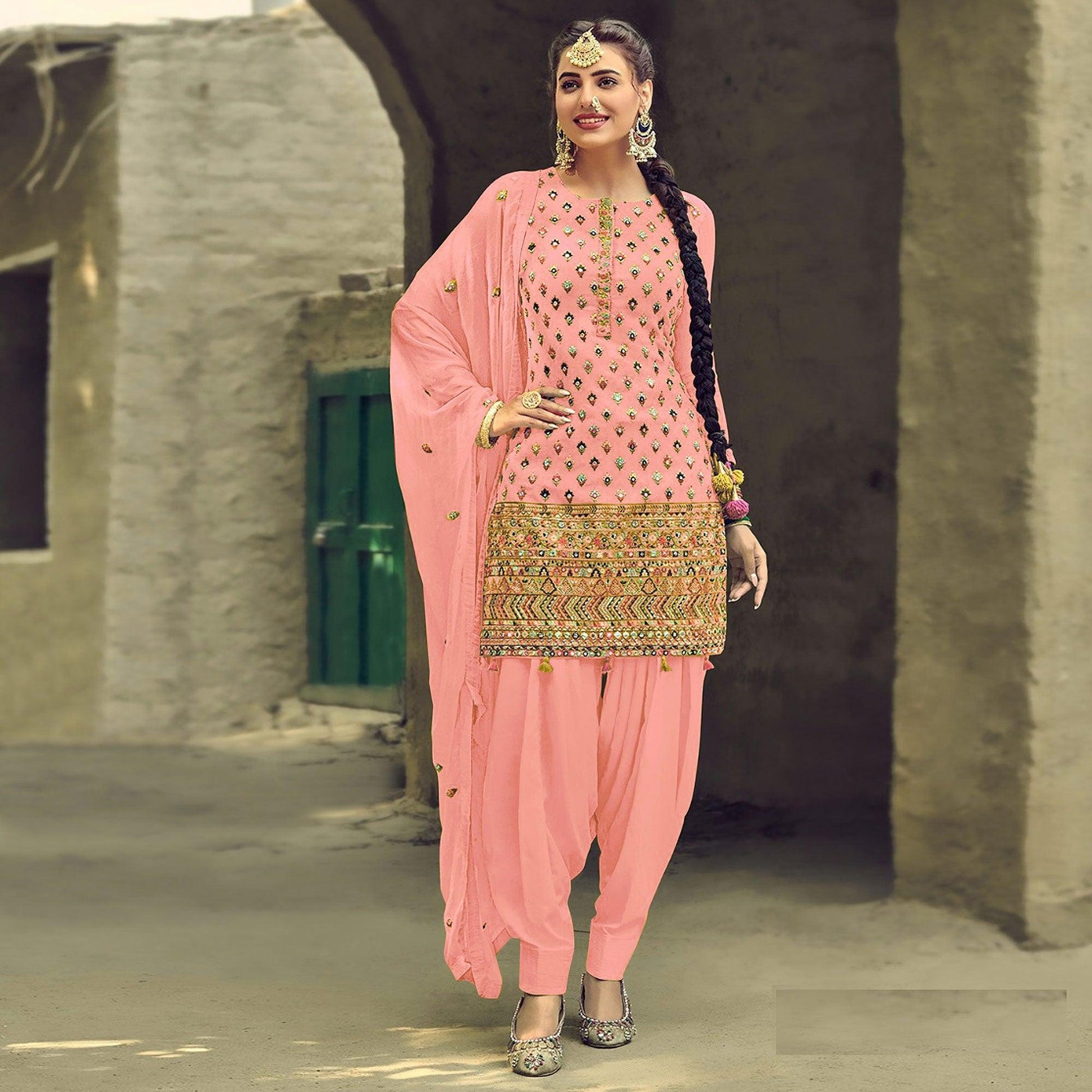 Festive Wear Light Pink Sequins Embroidery Work Faux Georgette Patiala Suit
