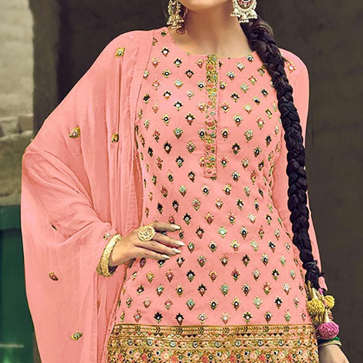 Festive Wear Light Pink Sequins Embroidery Work Faux Georgette Patiala Suit