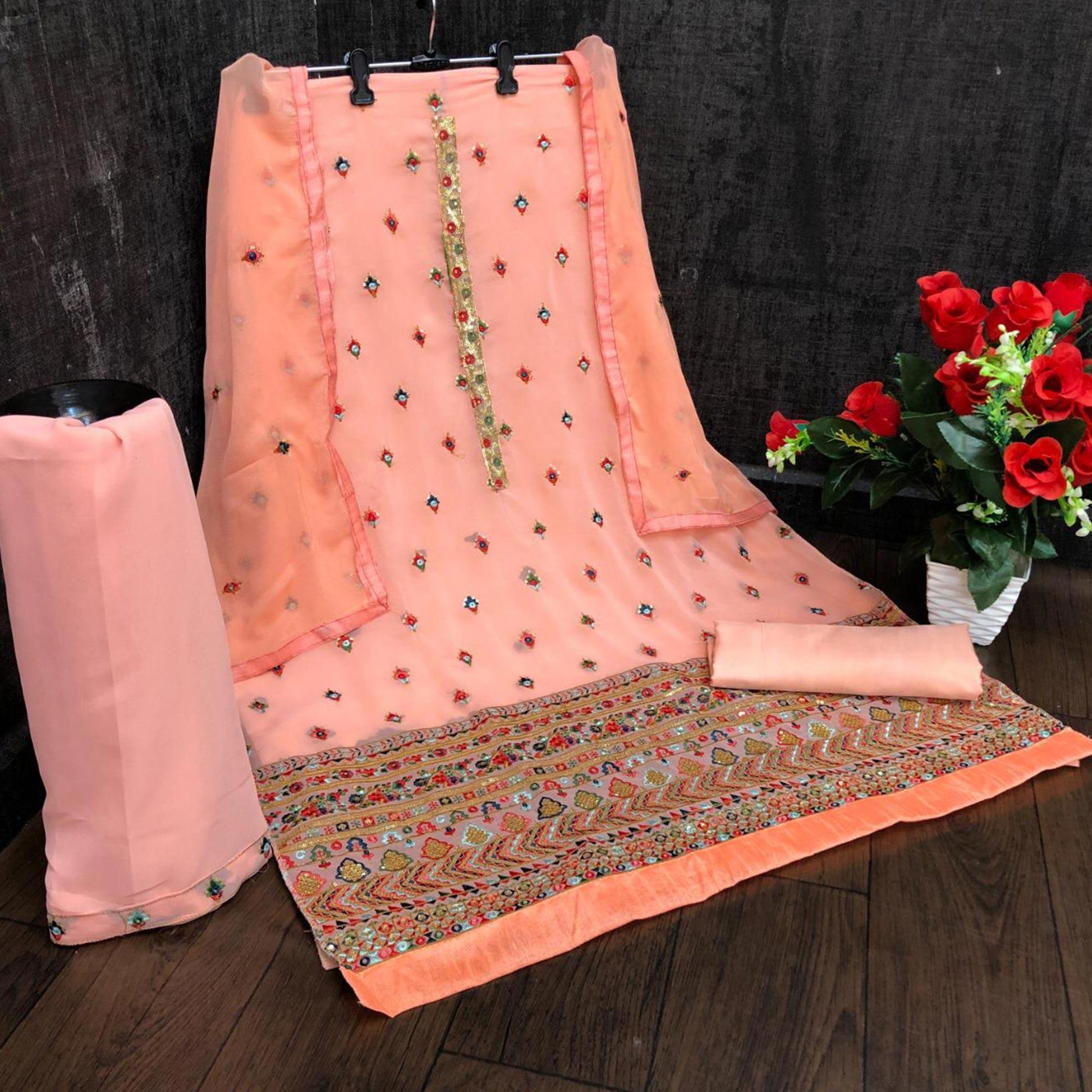 Festive Wear Light Pink Sequins Embroidery Work Faux Georgette Patiala Suit
