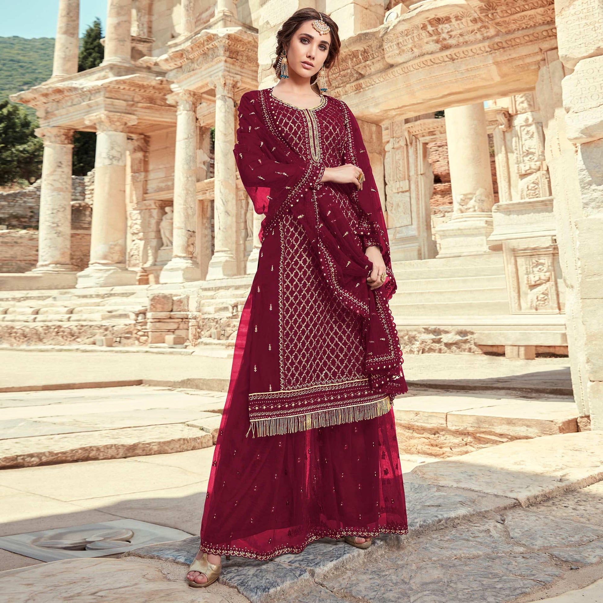 Festive Wear Maroon Designer with Embroidery Work Faux Georgette Palazzo Suit