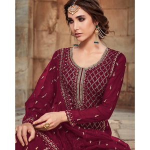 Festive Wear Maroon Designer with Embroidery Work Faux Georgette Palazzo Suit