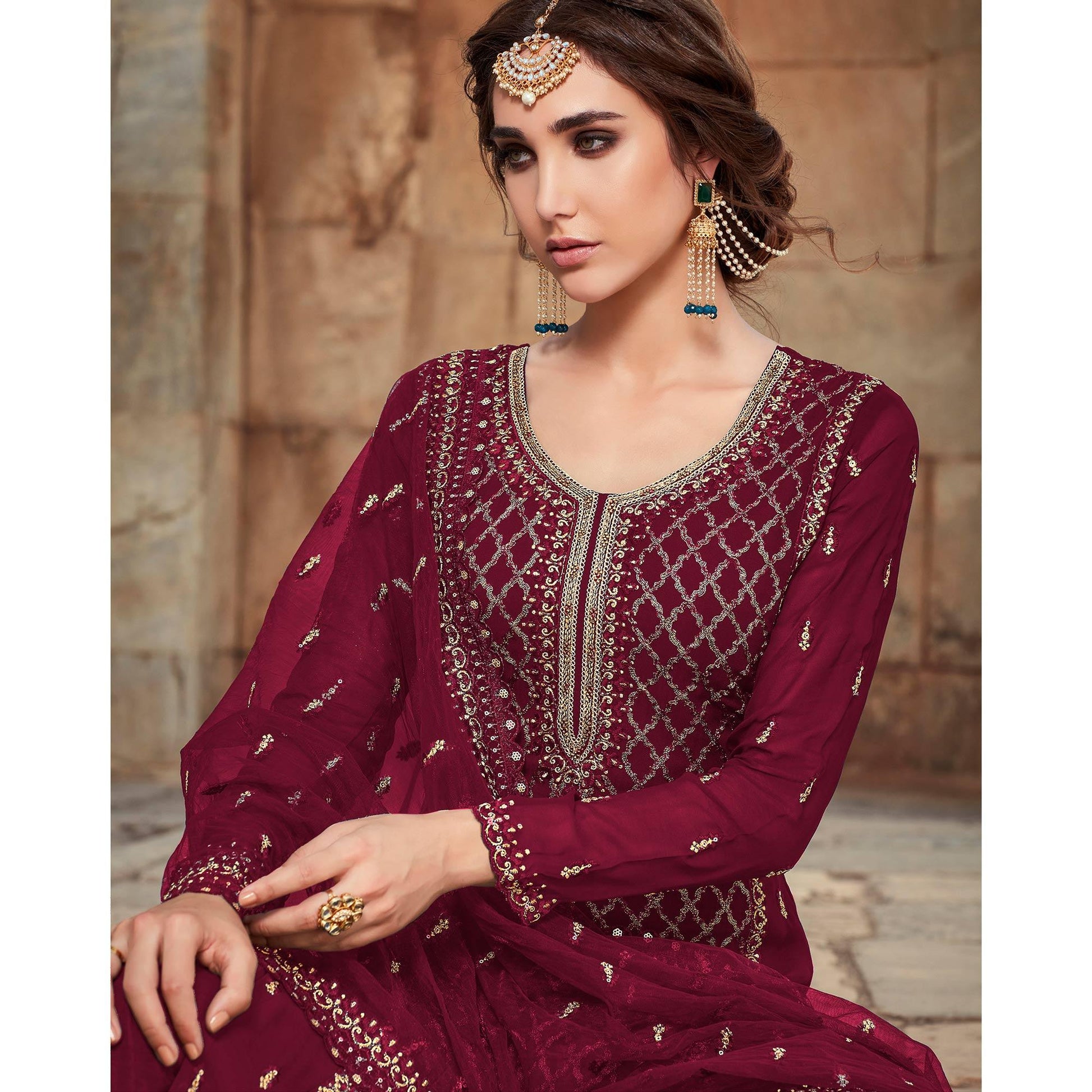 Festive Wear Maroon Designer with Embroidery Work Faux Georgette Palazzo Suit