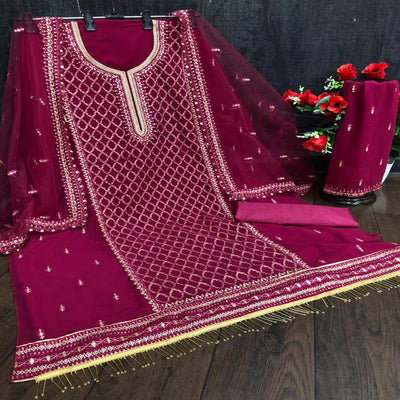 Festive Wear Maroon Designer with Embroidery Work Faux Georgette Palazzo Suit
