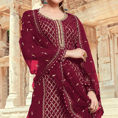 Festive Wear Maroon Designer with Embroidery Work Faux Georgette Palazzo Suit