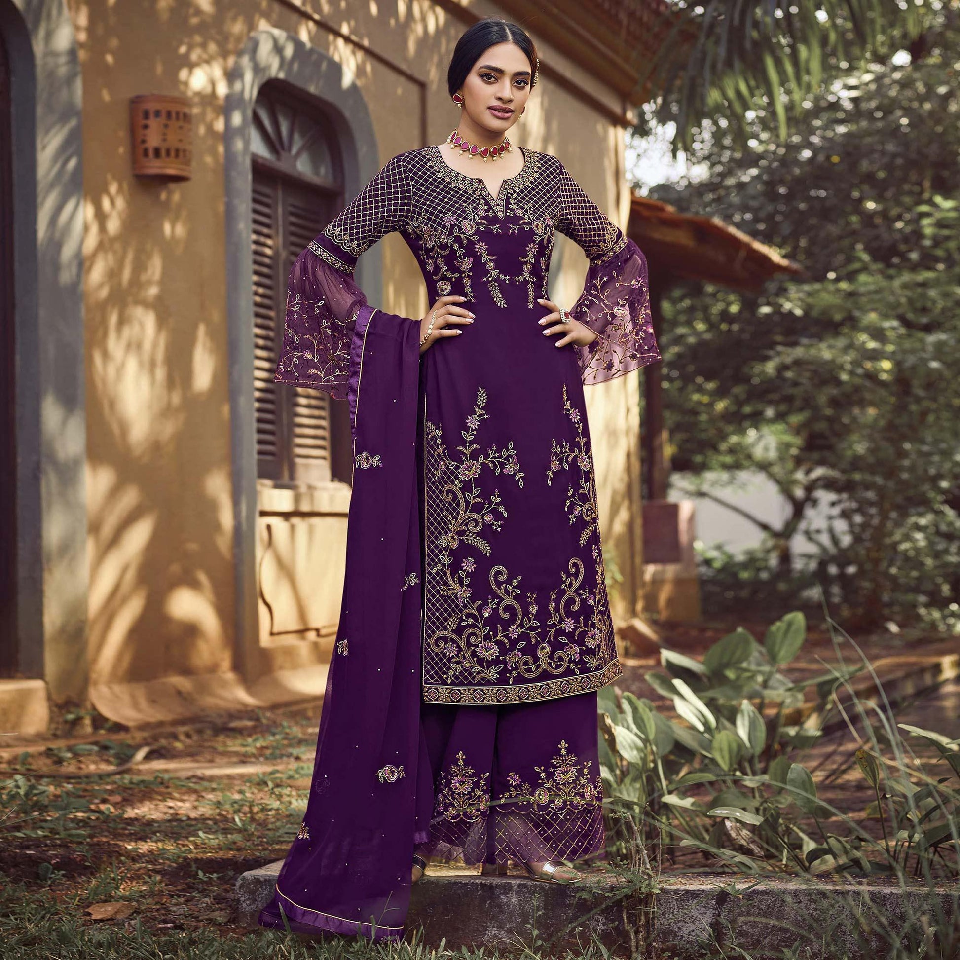 Festive Wear Purple Floral Embroidery work Faux Georgette Straight Cut palazzo Suit