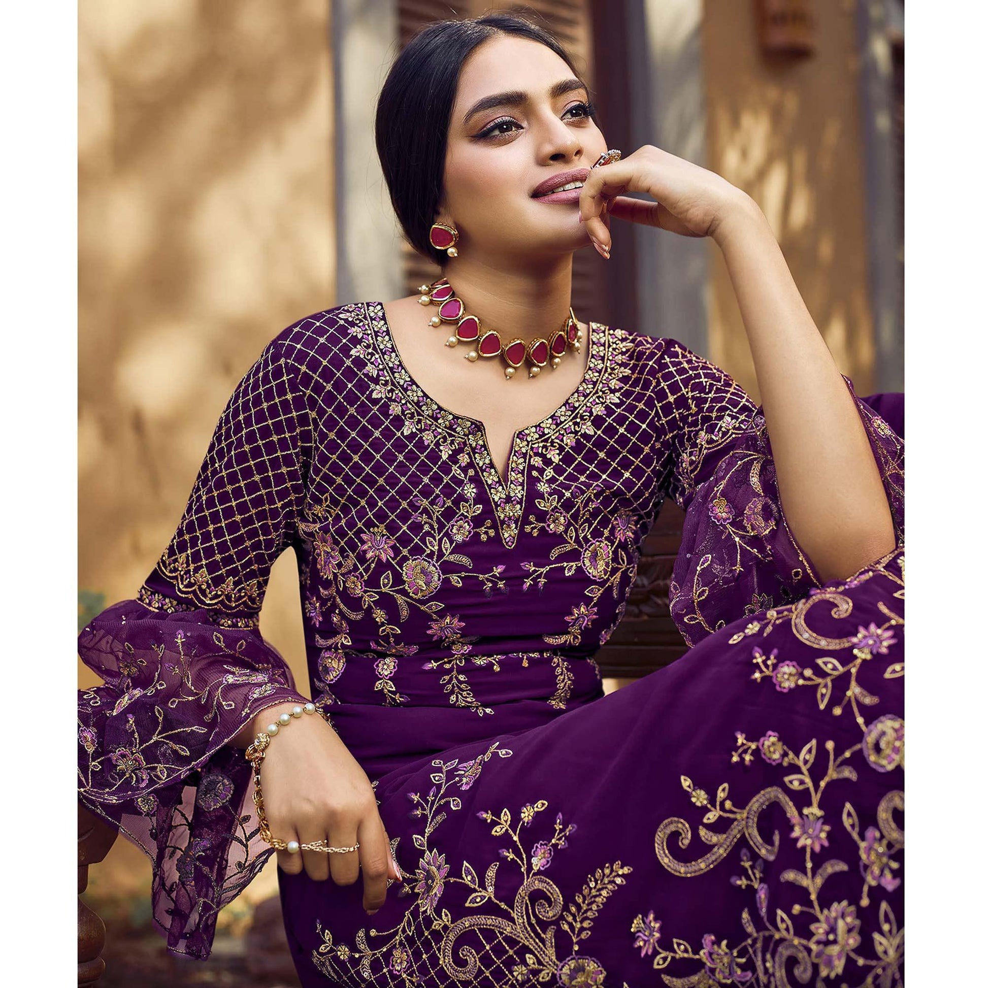 Festive Wear Purple Floral Embroidery work Faux Georgette Straight Cut palazzo Suit