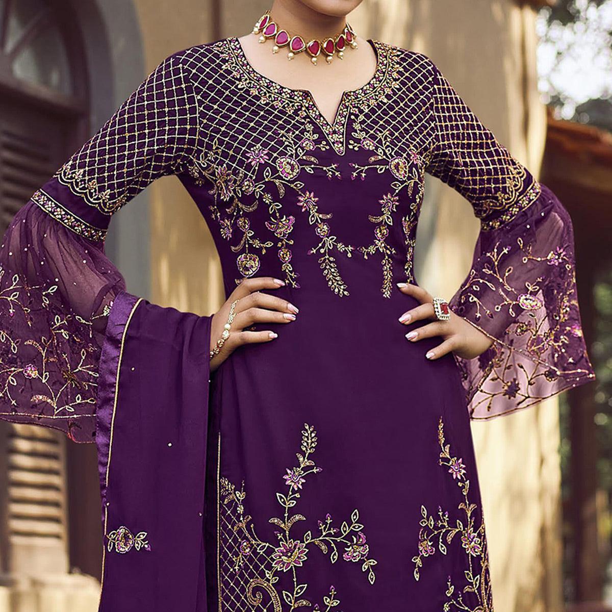 Festive Wear Purple Floral Embroidery work Faux Georgette Straight Cut palazzo Suit