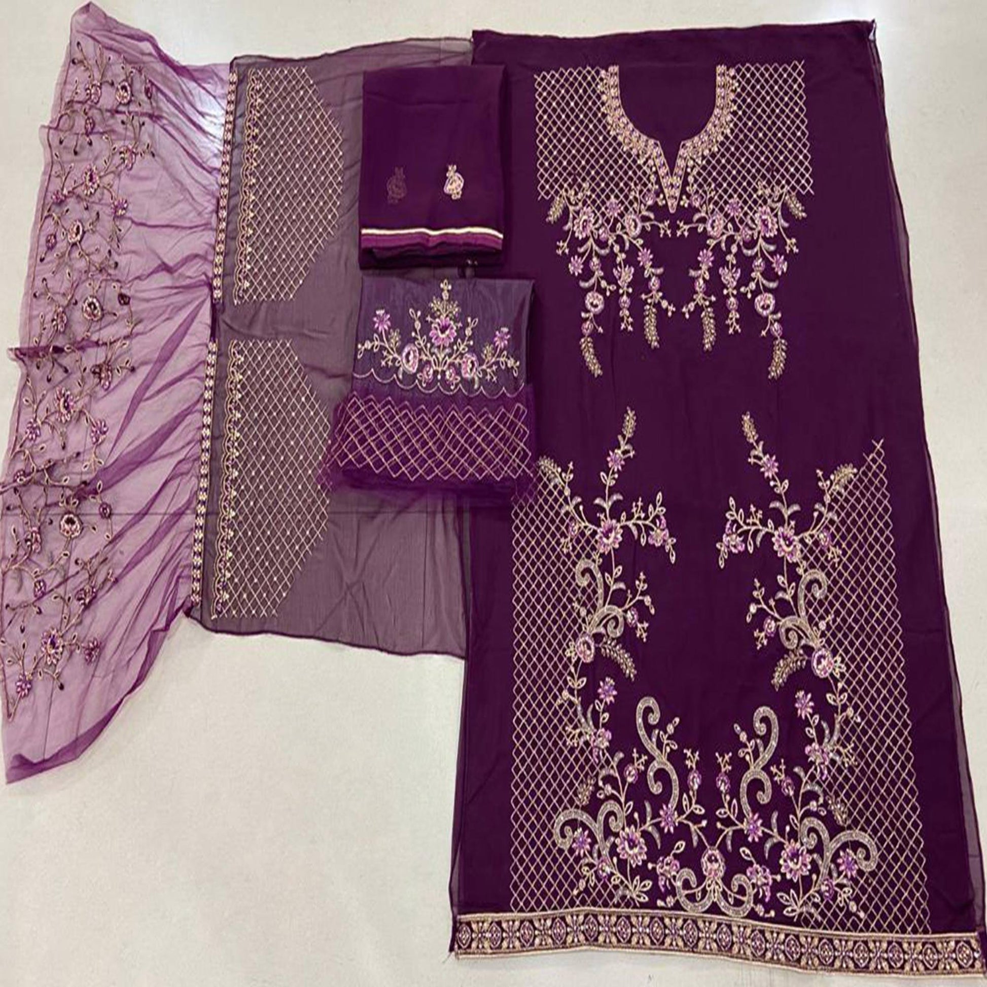 Festive Wear Purple Floral Embroidery work Faux Georgette Straight Cut palazzo Suit
