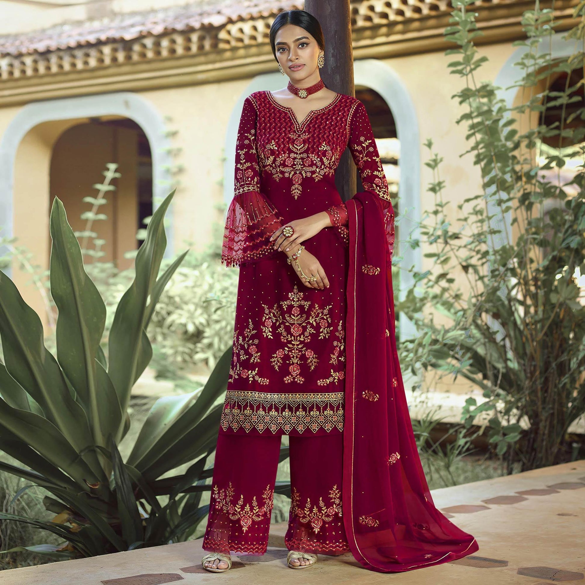 Festive Wear Red Floral Embroidery work Faux Georgette Straight Cut palazzo Suit