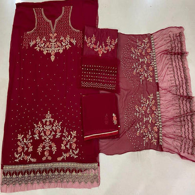 Festive Wear Red Floral Embroidery work Faux Georgette Straight Cut palazzo Suit