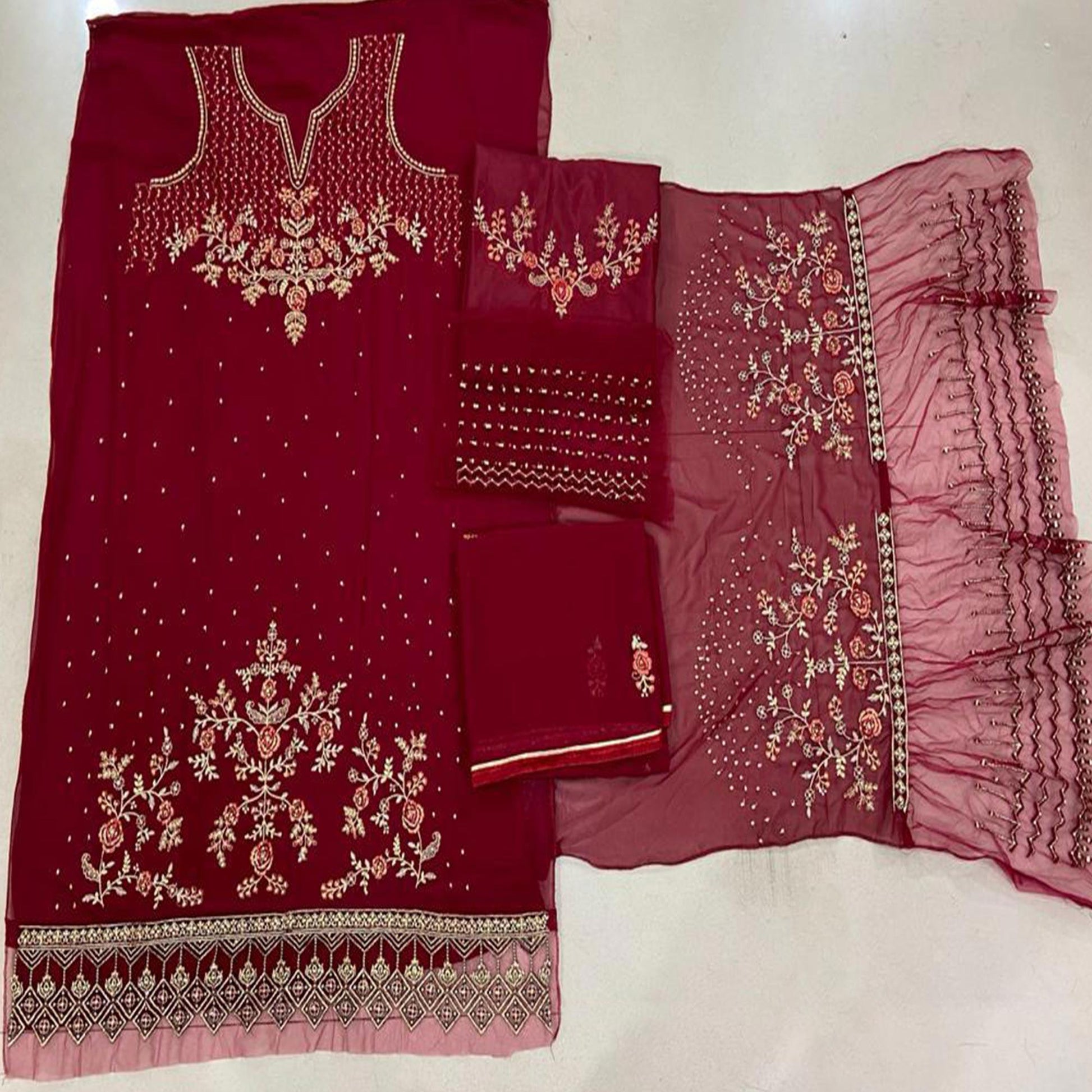 Festive Wear Red Floral Embroidery work Faux Georgette Straight Cut palazzo Suit
