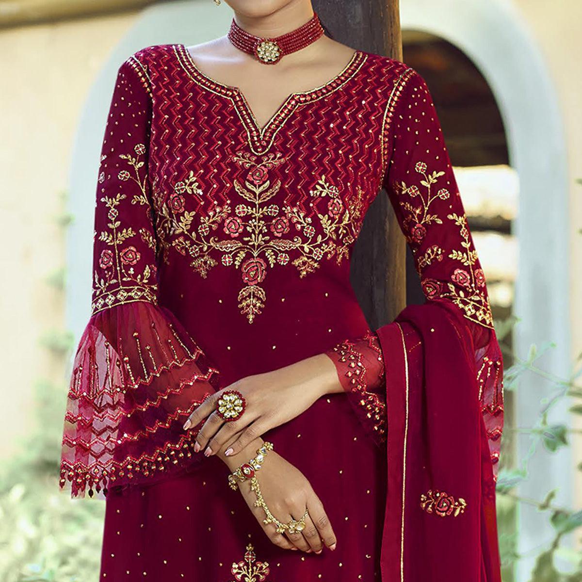 Festive Wear Red Floral Embroidery work Faux Georgette Straight Cut palazzo Suit