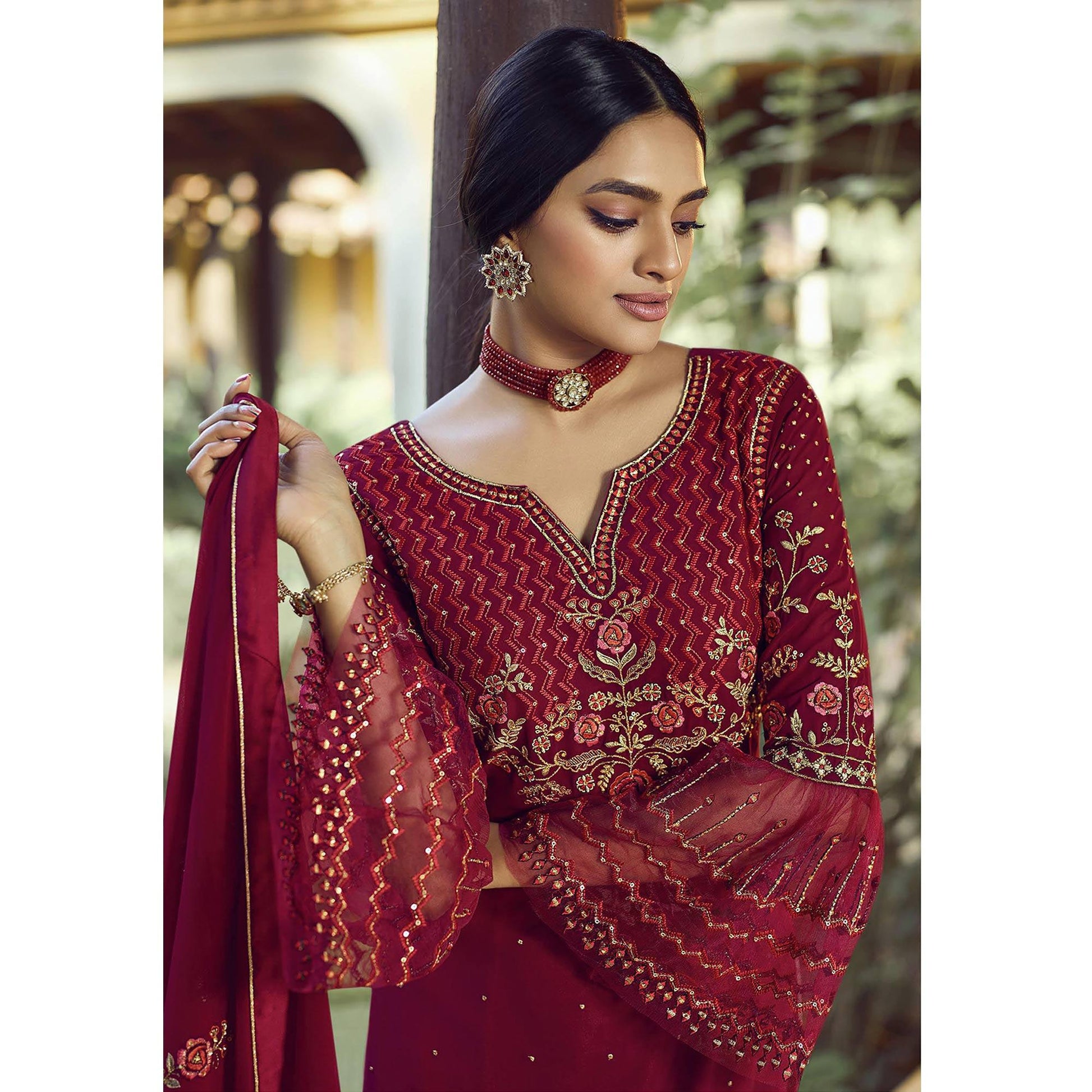 Festive Wear Red Floral Embroidery work Faux Georgette Straight Cut palazzo Suit