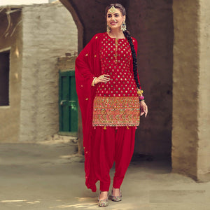 Festive Wear Red Sequins Embroidery Work Faux Georgette Patiala Suit