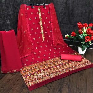 Festive Wear Red Sequins Embroidery Work Faux Georgette Patiala Suit