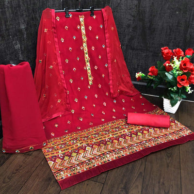 Festive Wear Red Sequins Embroidery Work Faux Georgette Patiala Suit