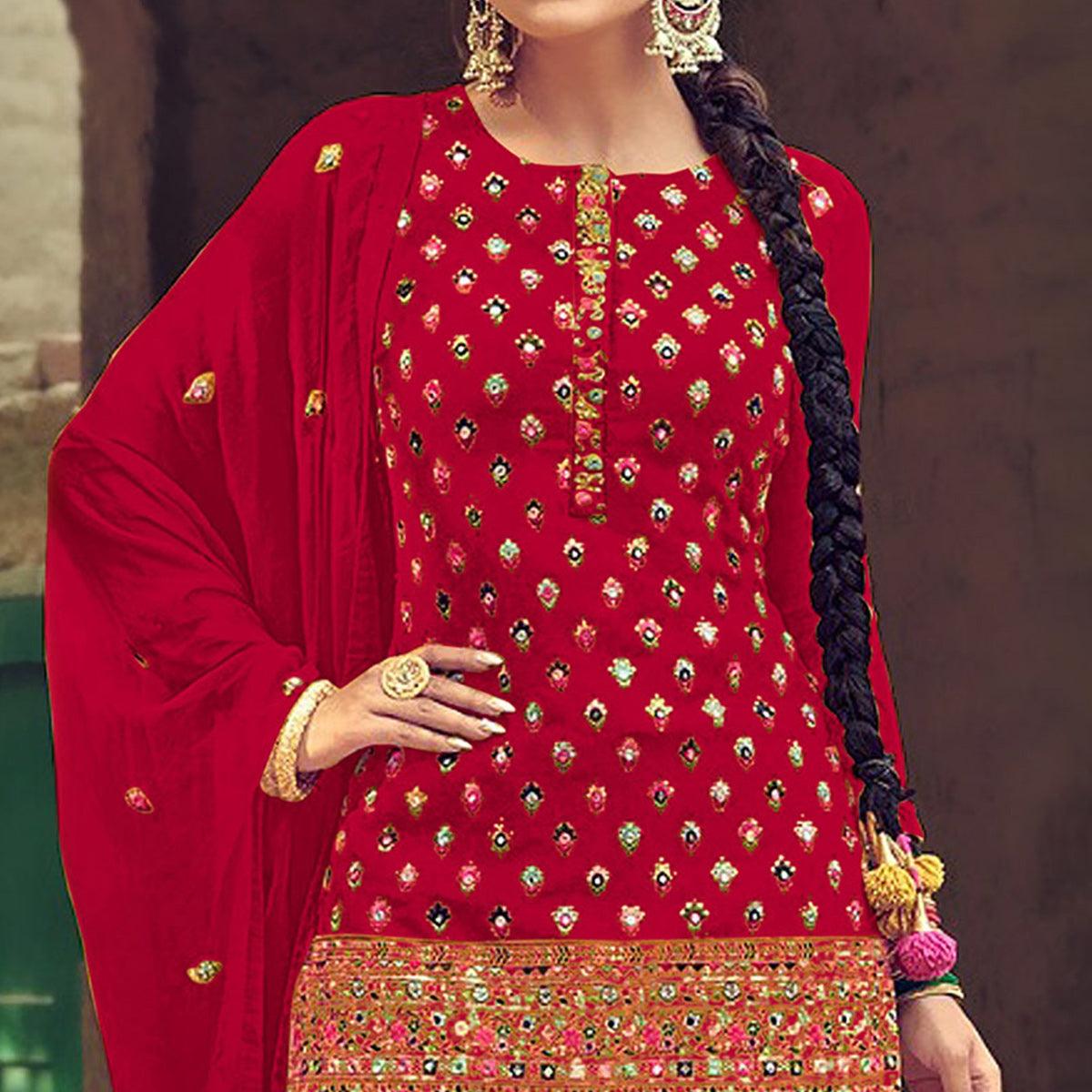 Festive Wear Red Sequins Embroidery Work Faux Georgette Patiala Suit