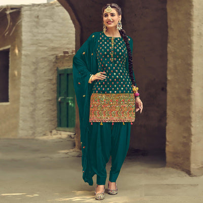 Festive Wear Sea Green Sequins Embroidery Work Faux Georgette Patiala Suit