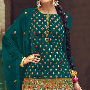 Festive Wear Sea Green Sequins Embroidery Work Faux Georgette Patiala Suit