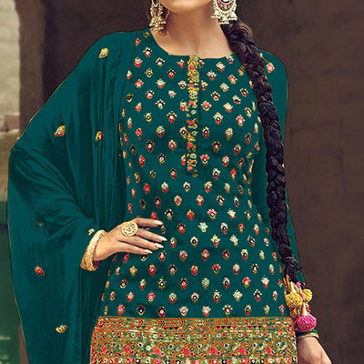 Festive Wear Sea Green Sequins Embroidery Work Faux Georgette Patiala Suit