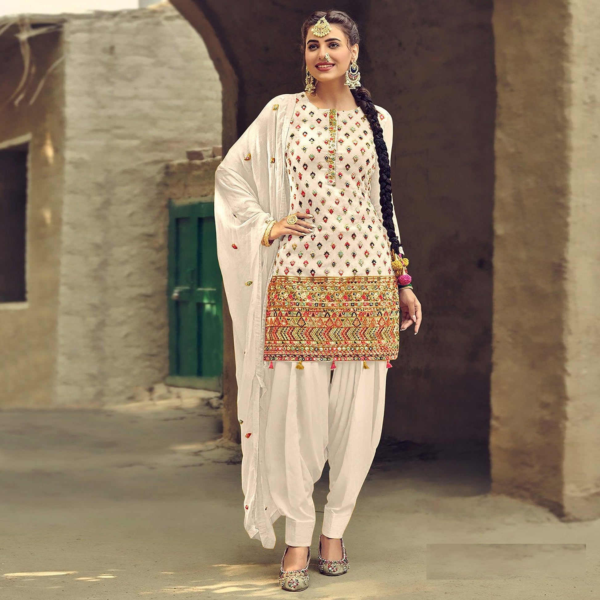 Festive Wear White Sequins Embroidery Work Faux Georgette Patiala Suit