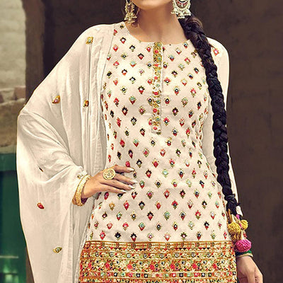 Festive Wear White Sequins Embroidery Work Faux Georgette Patiala Suit