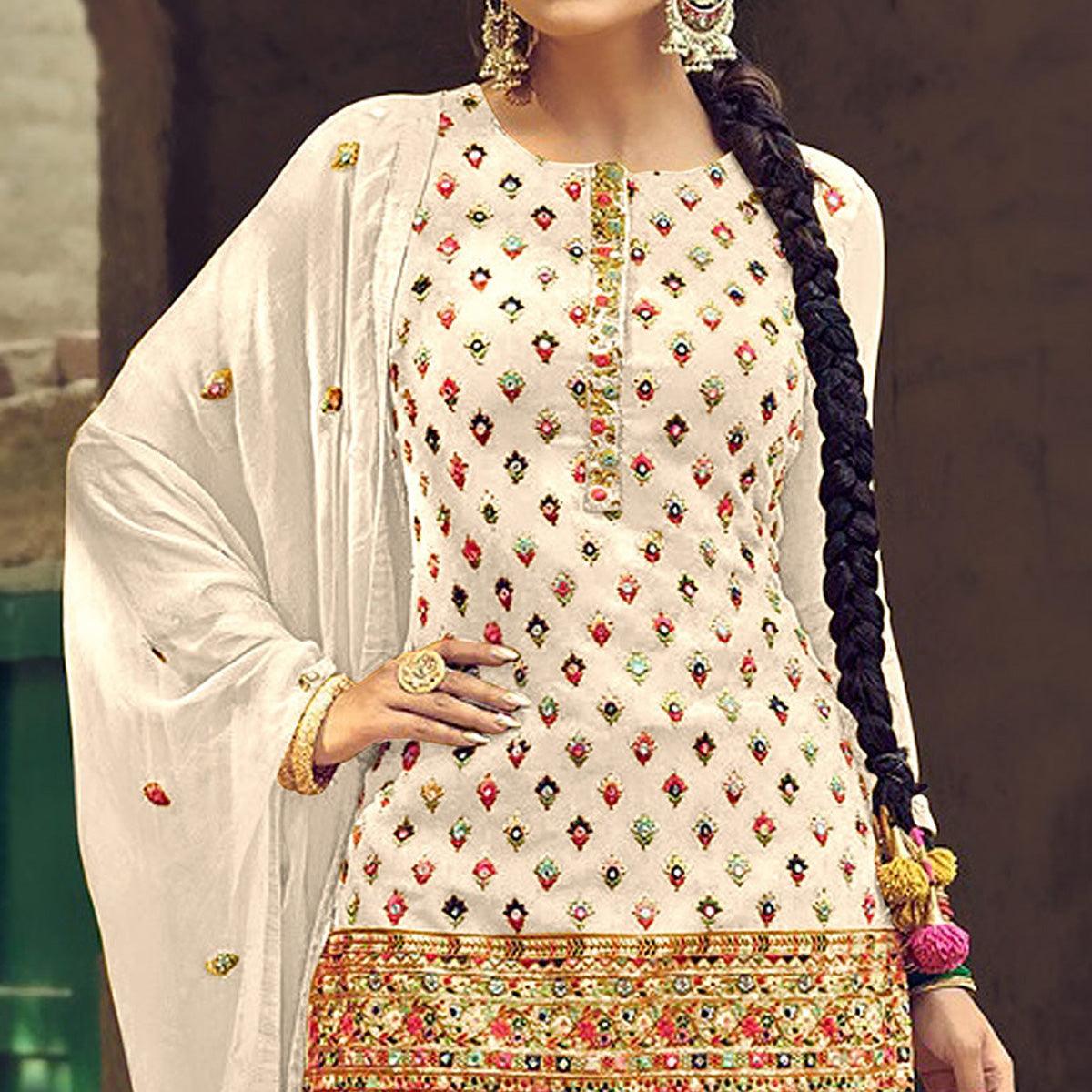 Festive Wear White Sequins Embroidery Work Faux Georgette Patiala Suit