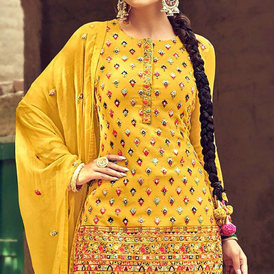 Festive Wear Yellow Sequins Embroidery Work Faux Georgette Patiala Suit