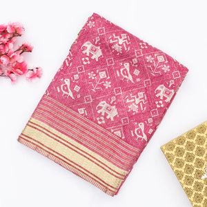 Bubble-gum Pink Handloom Tussar Silk Saree Printed With Animal Motifs