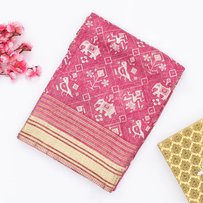 Bubble-gum Pink Handloom Tussar Silk Saree Printed With Animal Motifs