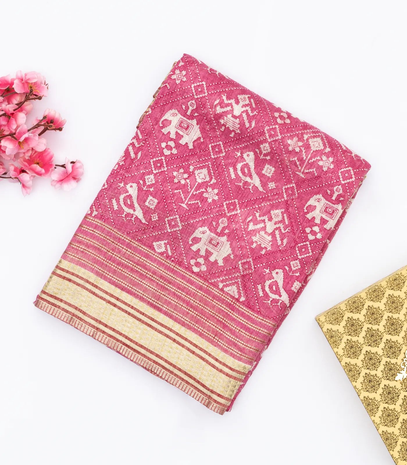 Bubble-gum Pink Handloom Tussar Silk Saree Printed With Animal Motifs