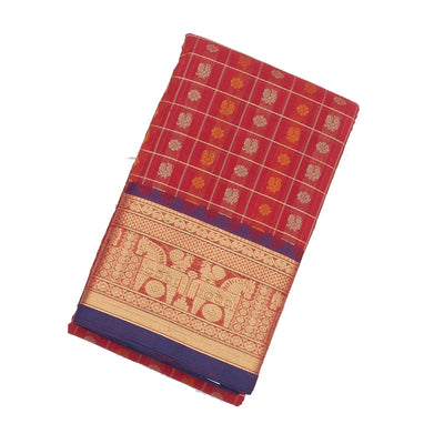 Red Handloom Kanchi Cotton Saree And Checks