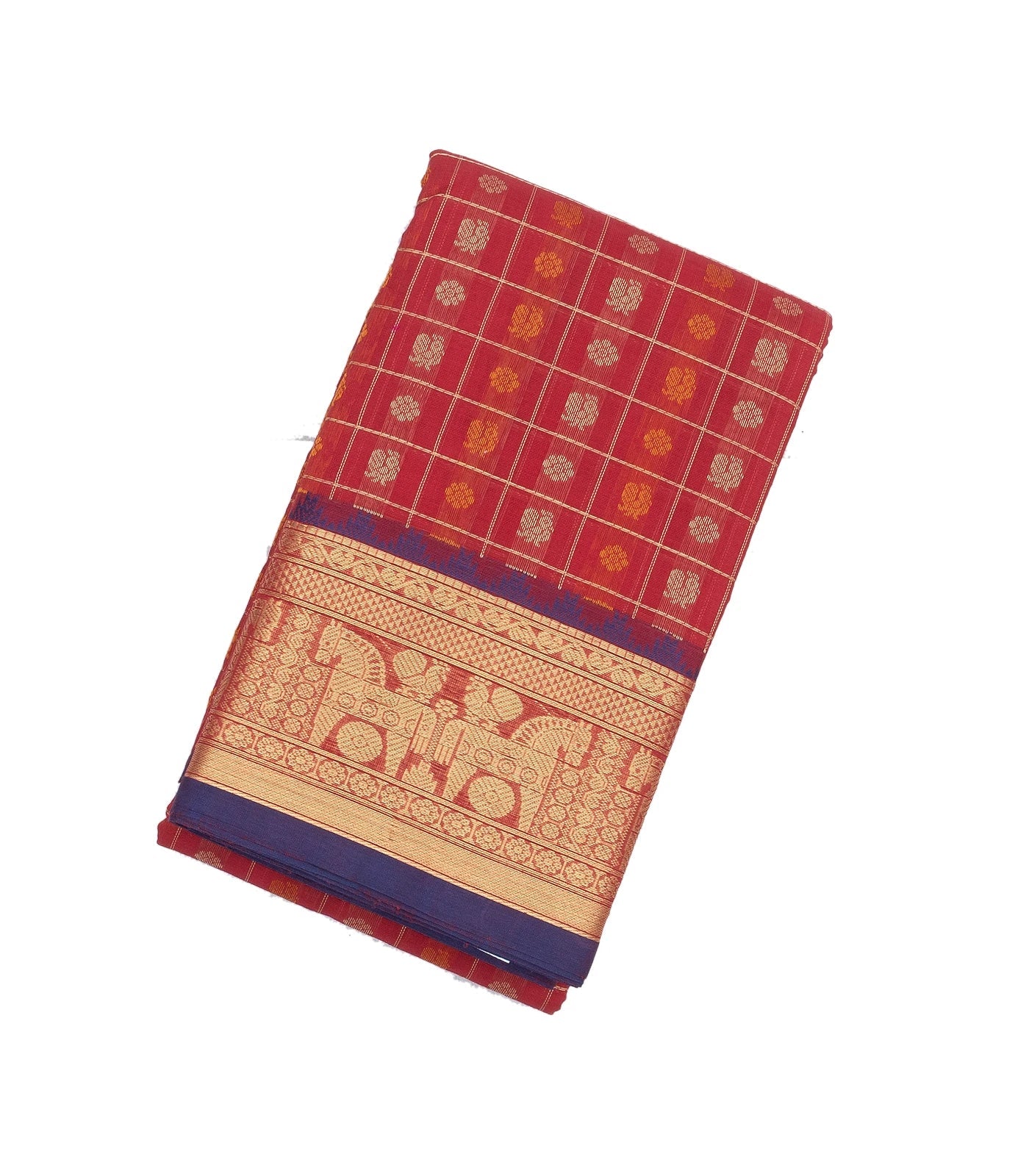 Red Handloom Kanchi Cotton Saree And Checks