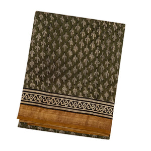 Sage Green Handloom Chanderi Cotton Saree With Printed Floral Motifs