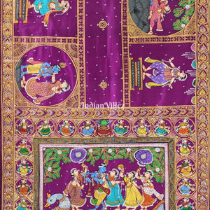 Purple Krishna Leela Pattachitra Hand-Painted Pattachitra Saree