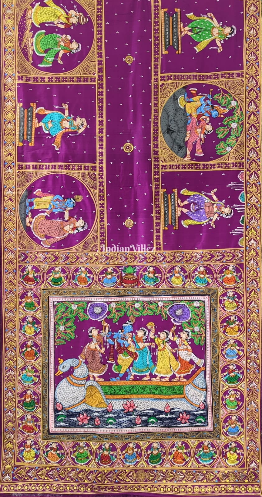 Purple Krishna Leela Pattachitra Hand-Painted Pattachitra Saree