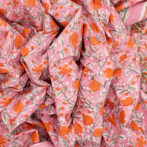 BubbleGum Pink Woven Jaipur Cotton Saree With Orange Printed Floral Motifs