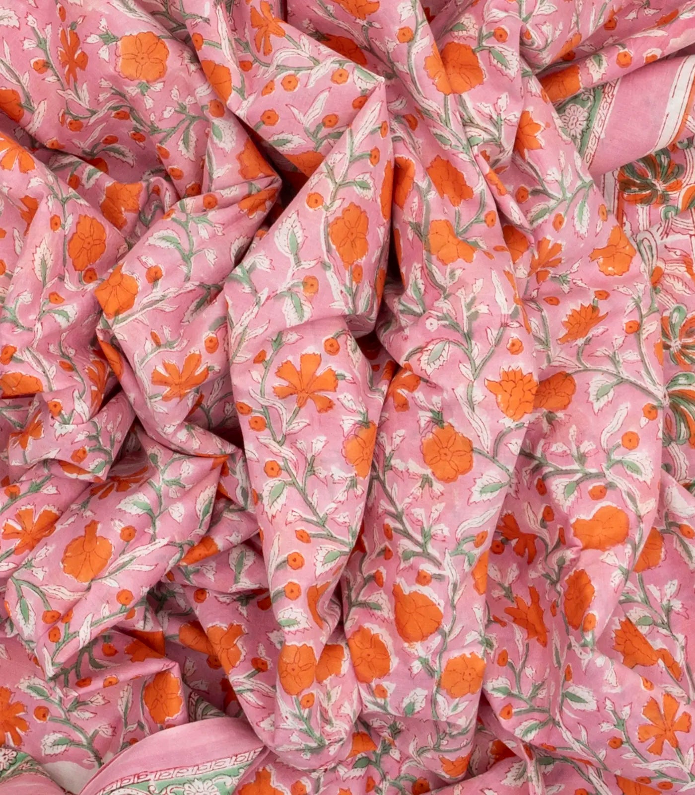 BubbleGum Pink Woven Jaipur Cotton Saree With Orange Printed Floral Motifs