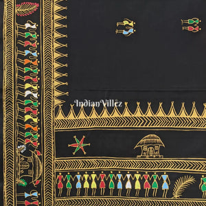 Black Tribal Themed Hand-Painted Pattachitra Saree