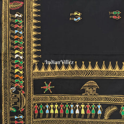 Black Tribal Themed Hand-Painted Pattachitra Saree