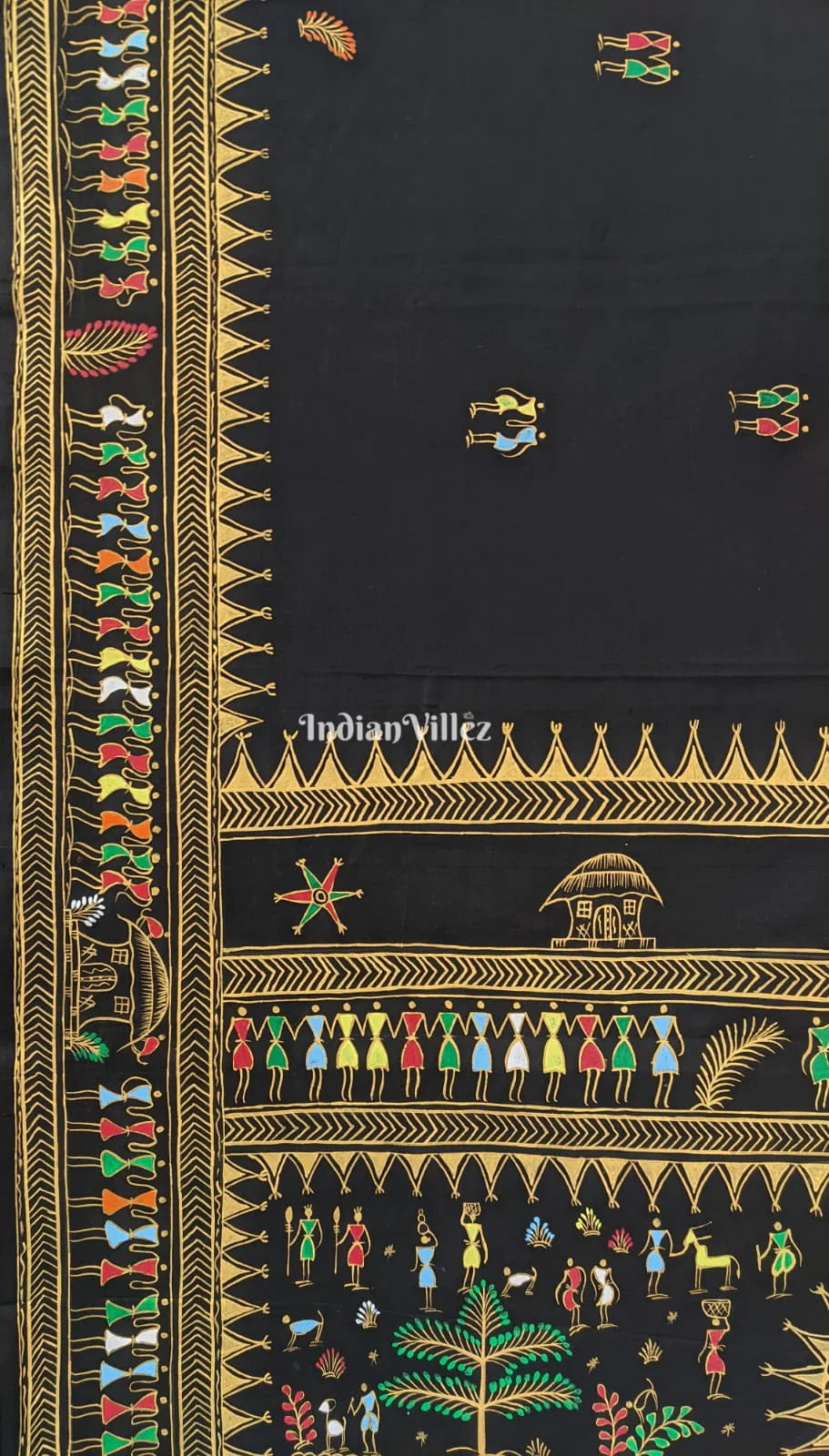 Black Tribal Themed Hand-Painted Pattachitra Saree