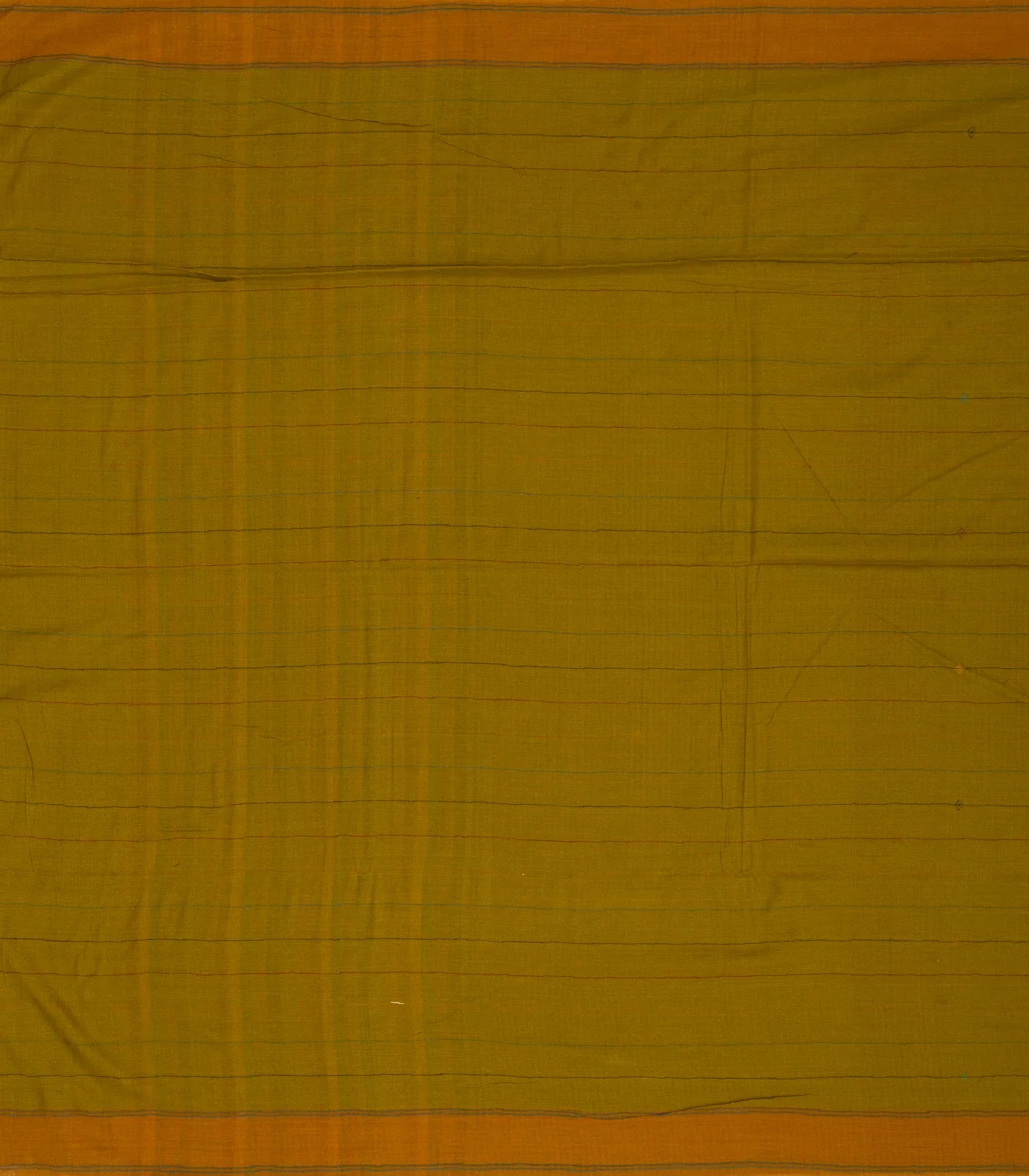 Olive Green Handloom Bengal Cotton Saree With ( Dora ) Stripes in Green, Brown and Red